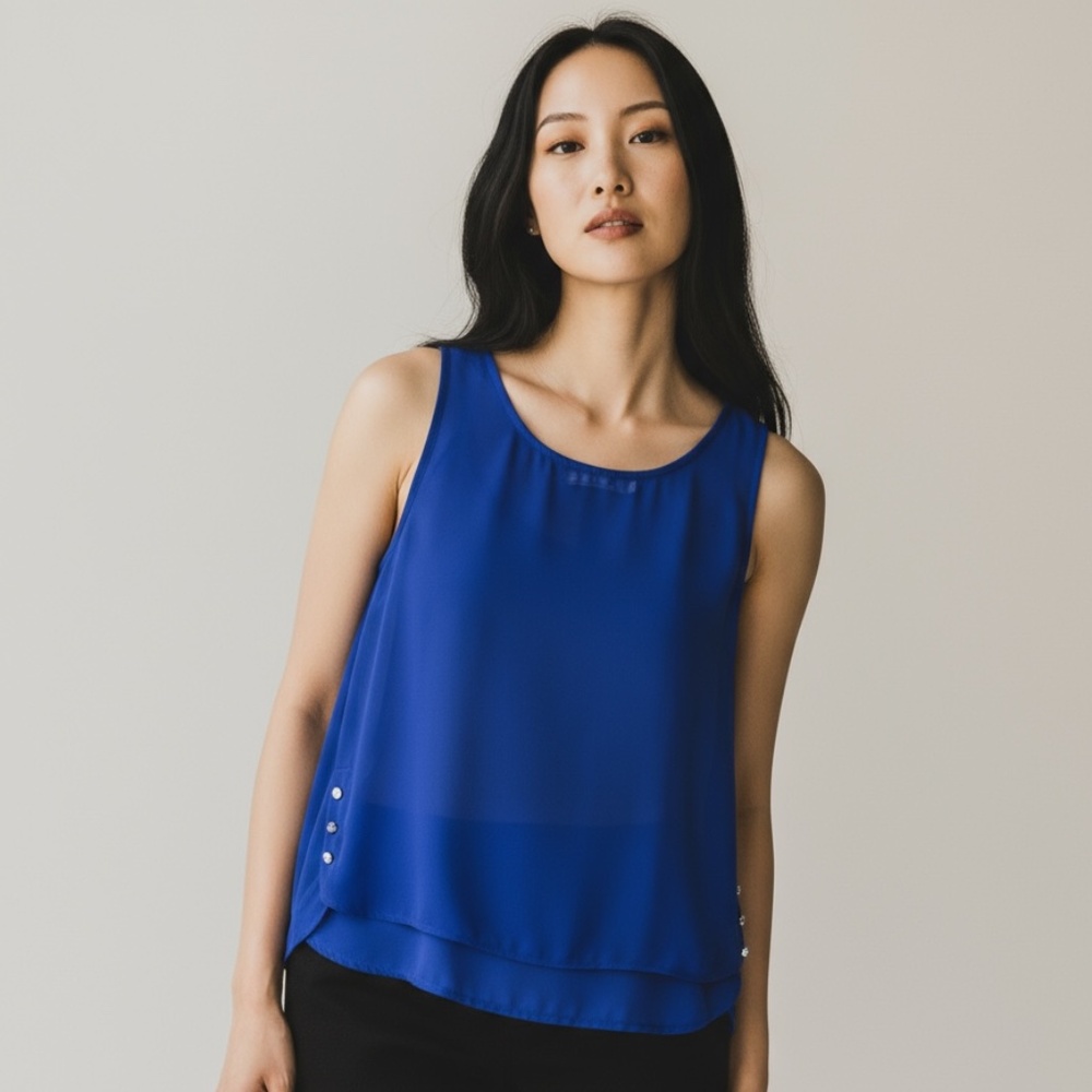 CHLOE K  · ROYAL BLUE SHEER SLEEVELESS TOP - SMALL